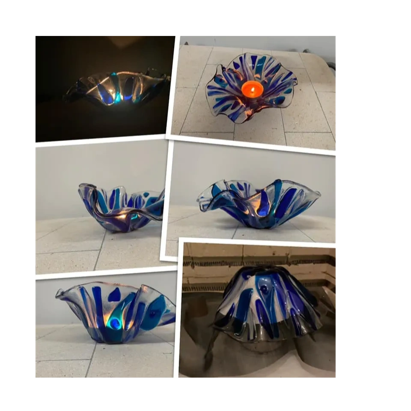 Blue kiln-formed glass bowl shown through several stages
